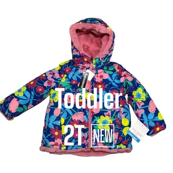 Falls Creek Girls 2T Toddler Reversible Puffer Jacket Coat Faux Fur Flowers Hood - Picture 3 of 9